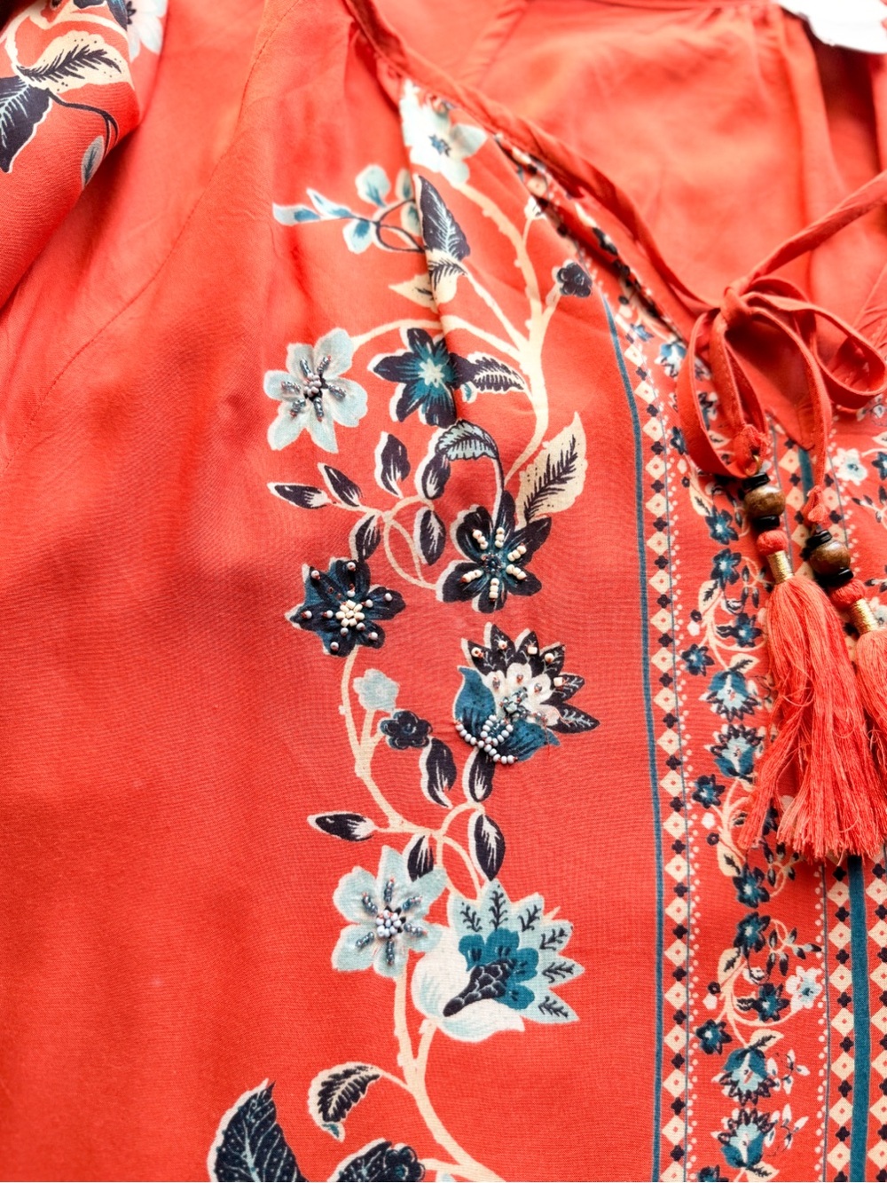 Chico’s Orange Floral Boho Beaded Blouse V-Neck Tassel Tie Front Long Sleeve XL - Picture 10 of 16